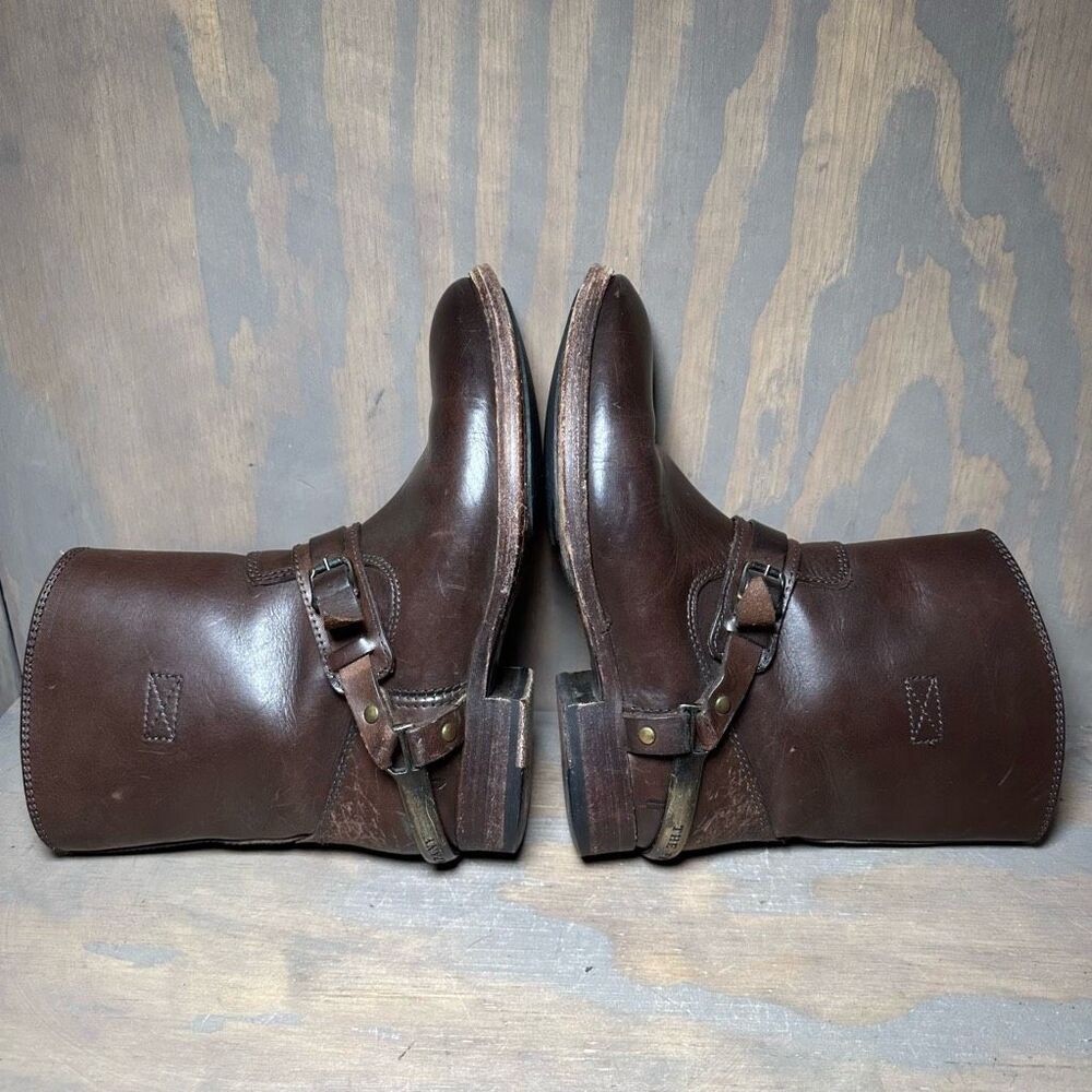 Frye Womens 5.5 Motorcycle Boots Brown Leather Straps Metal Harness Mid Calf - Picture 5 of 12